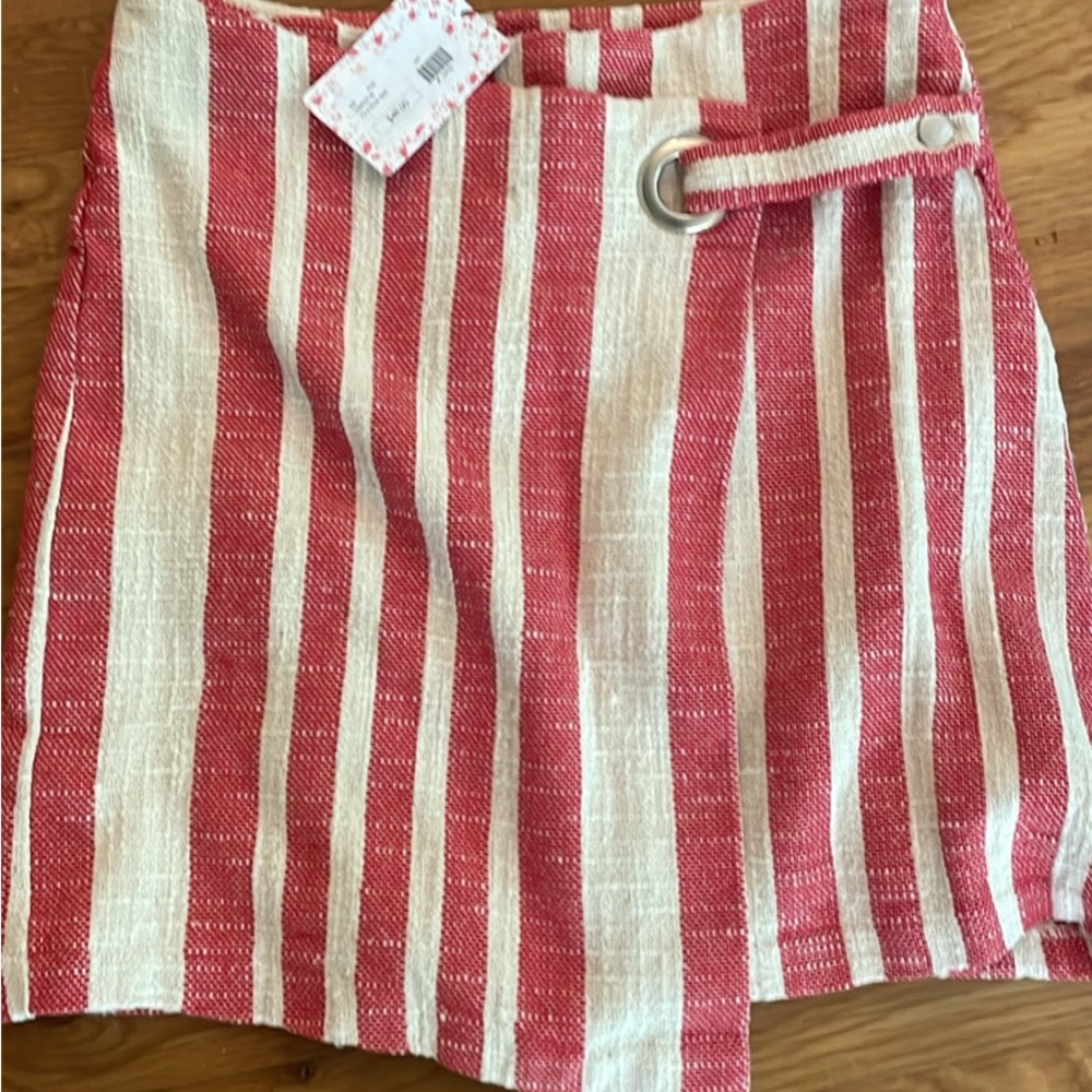 NWT Free People Red and Cream Striped Wrap Mini Skirt